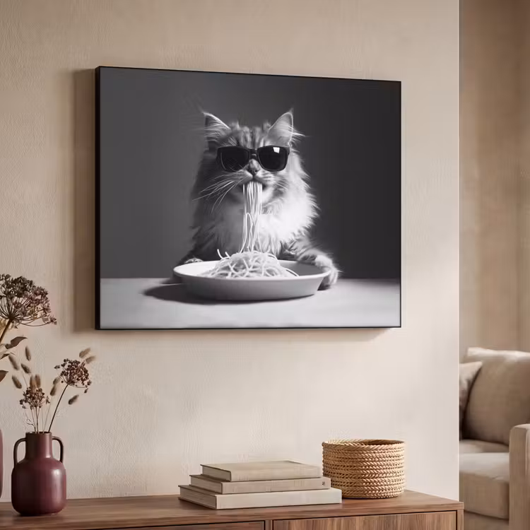 Langharige kat - Zonnebril - Spaghetti - Humor - Zwart - wit Textielframe zwart klein -sfeer3