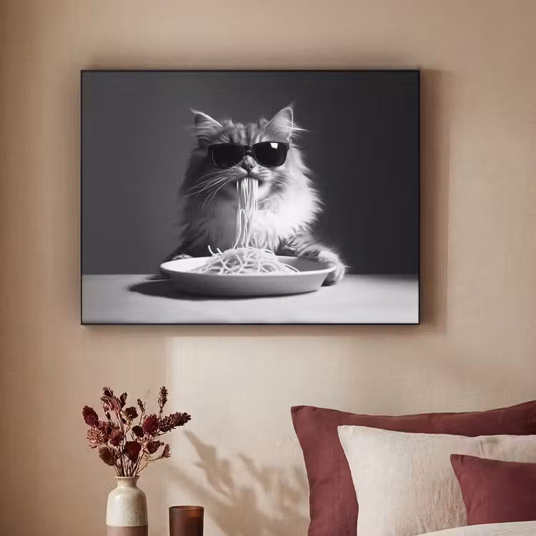 Langharige kat - Zonnebril - Spaghetti - Humor - Zwart - wit Textielframe - compleet frame klein -sfeer1