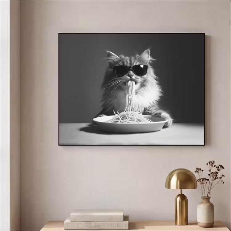 Langharige kat - Zonnebril - Spaghetti - Humor - Zwart - wit Textielframe zwart klein -sfeer2