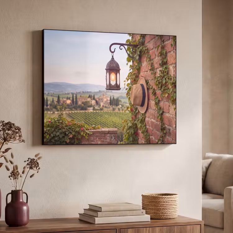 Lantaarn - Wijngaard - Landschap - Italiaans Textielframe zwart klein -sfeer3