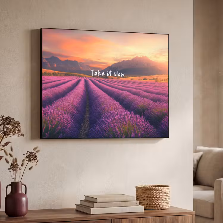 Lavendelveld - Quote - Zonsondergang Textielframe zwart klein -sfeer3
