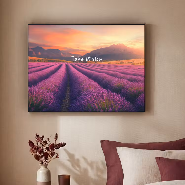 Lavendelveld - Quote - Zonsondergang Textielframe zwart klein -sfeer1