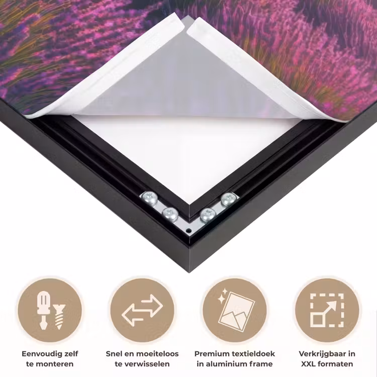 Lavendelveld - Quote - Zonsondergang Textielframe zwart klein -USP_closeupNL