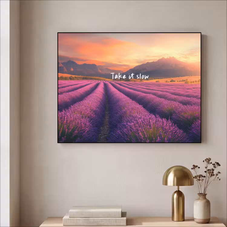 Lavendelveld - Quote - Zonsondergang Textielframe zwart klein -sfeer2