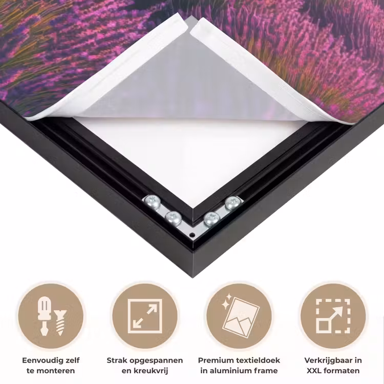 Lavendelveld - Zonsondergang - Paars Textielframe zwart klein -USP_feed_closeupNL