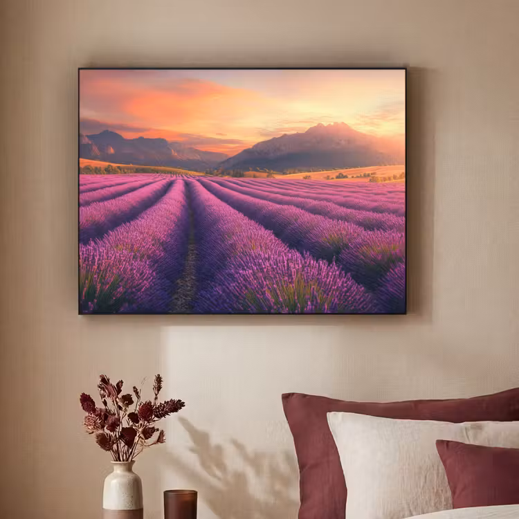 Lavendelveld - Zonsondergang - Paars Textielframe zwart klein -sfeer1
