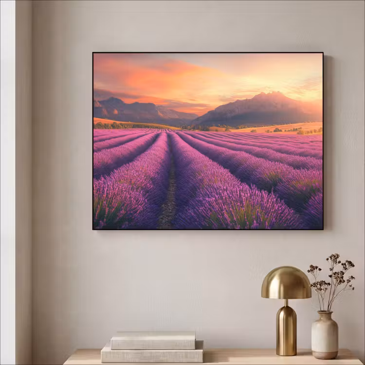 Lavendelveld - Zonsondergang - Paars Textielframe - compleet frame klein -sfeer2