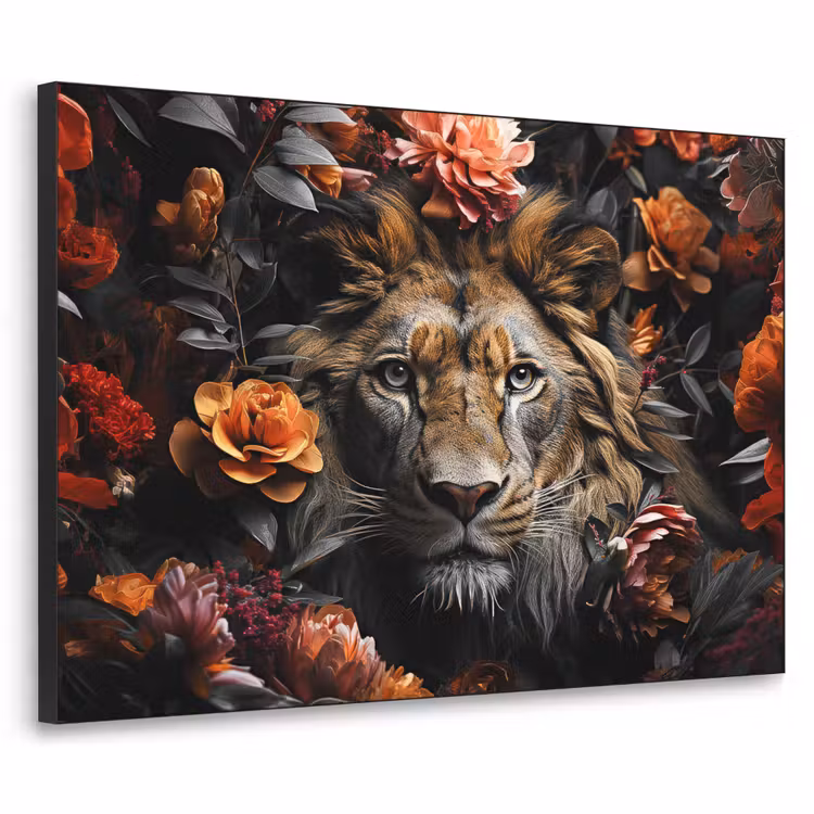 Leeuw - Dier - Natuur - Bloemen - Botanisch Textielframe zwart klein -3d