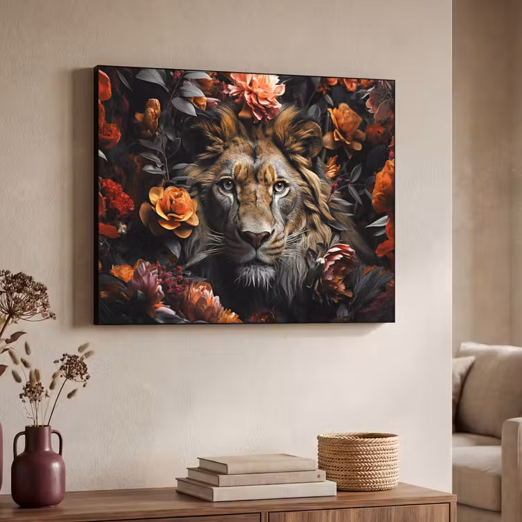Leeuw - Dier - Natuur - Bloemen - Botanisch Textielframe zwart klein -sfeer3