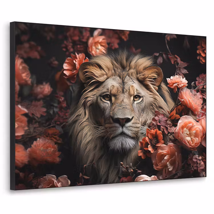 Leeuw - Dier - Natuur - Botanisch - Bloemen - Roze Textielframe zwart klein -3d
