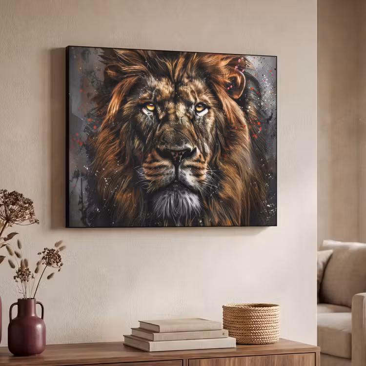 Leeuw - Dieren - Portret - Zwart - Luxe Textielframe - compleet frame klein -sfeer3