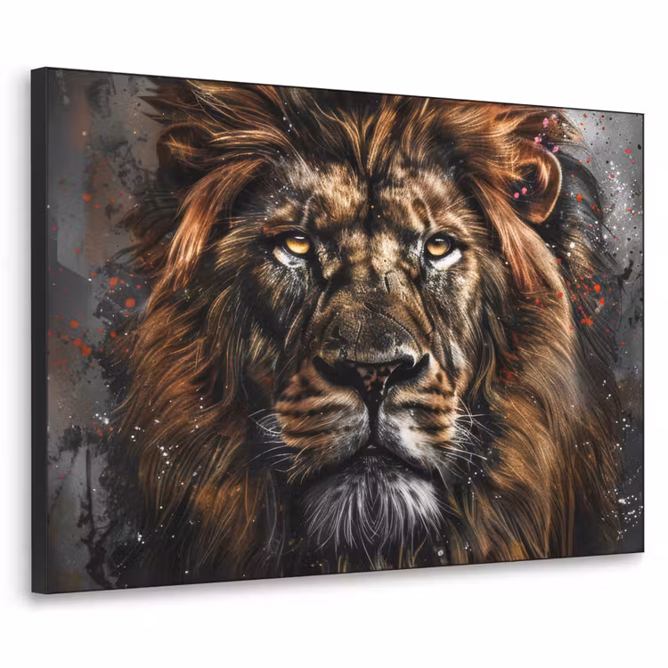 Leeuw - Dieren - Portret - Zwart - Luxe Textielframe zwart klein -3d