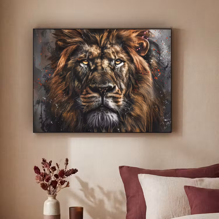 Leeuw - Dieren - Portret - Zwart - Luxe Textielframe zwart klein -sfeer1