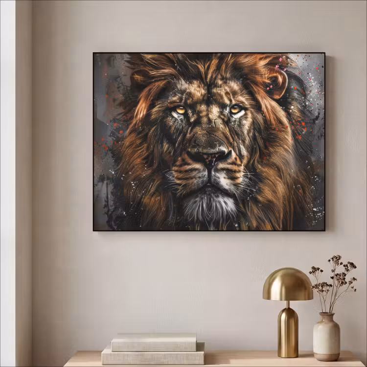 Leeuw - Dieren - Portret - Zwart - Luxe Textielframe - compleet frame klein -sfeer2