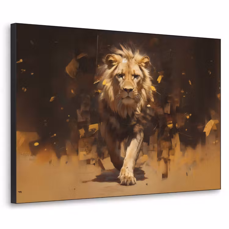 Leeuw - Geschilderd - Abstract - Goud Textielframe - compleet frame klein -3d