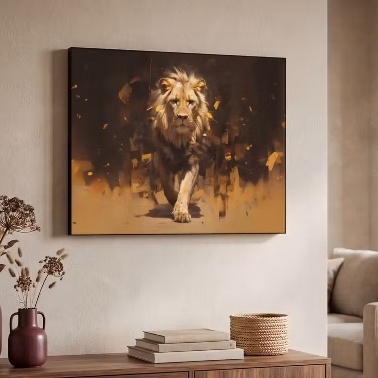 Leeuw - Geschilderd - Abstract - Goud Textielframe - compleet frame klein -sfeer3