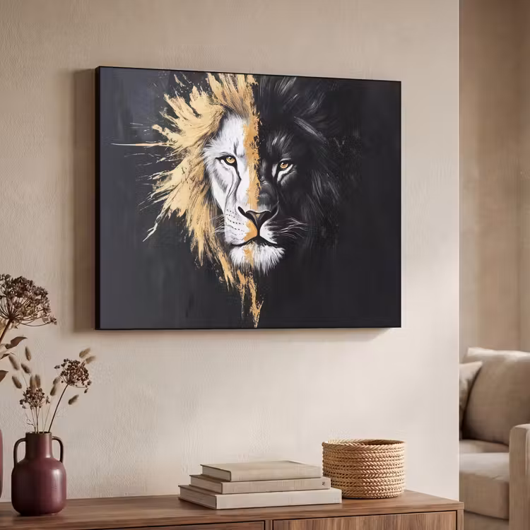 Leeuw - Gesplitst - Zwart - Lijn Textielframe - compleet frame klein -sfeer3
