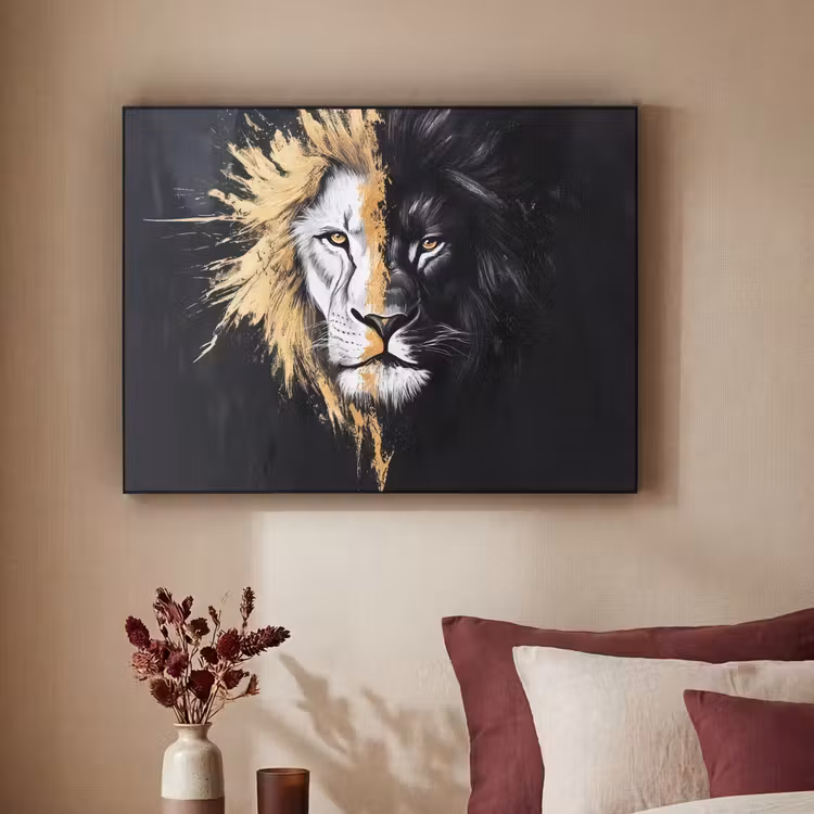 Leeuw - Gesplitst - Zwart - Lijn Textielframe - compleet frame klein -sfeer1