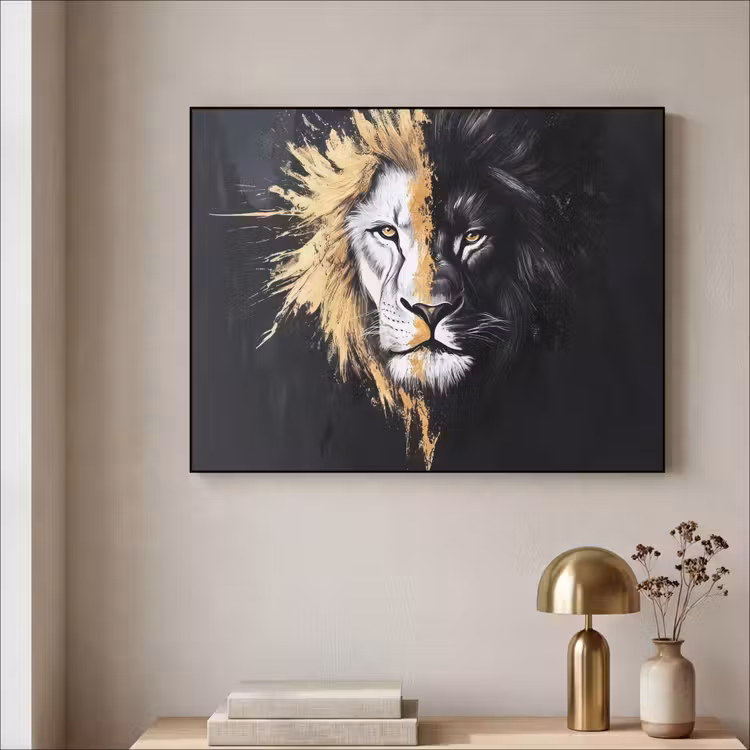 Leeuw - Gesplitst - Zwart - Lijn Textielframe zwart klein -sfeer2
