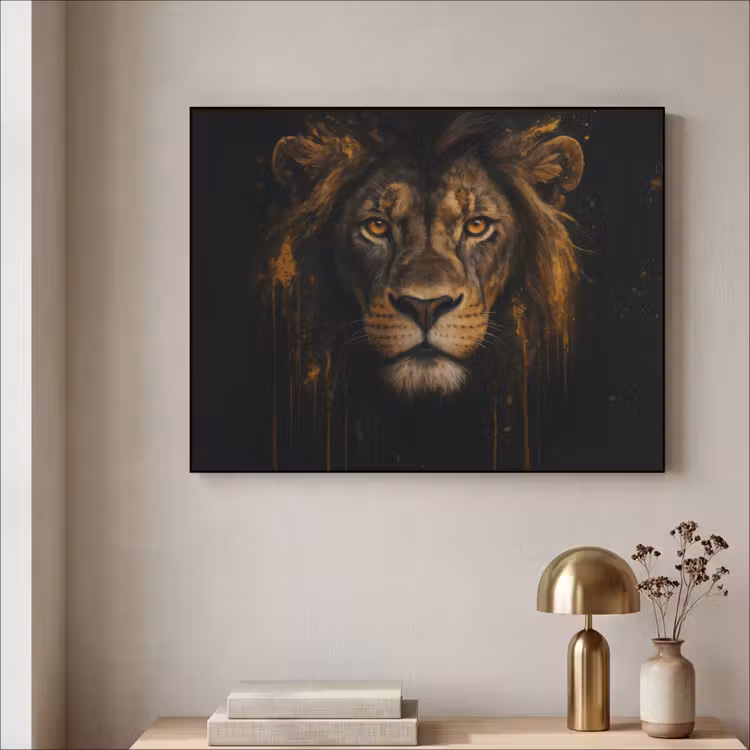 Leeuw - Goud - Druppels Textielframe - compleet frame klein -sfeer2