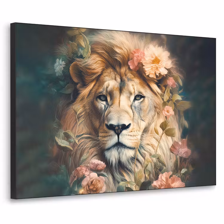 Leeuw - Leeuwenkop - Wilde dieren - Bloemen Textielframe zwart klein -3d
