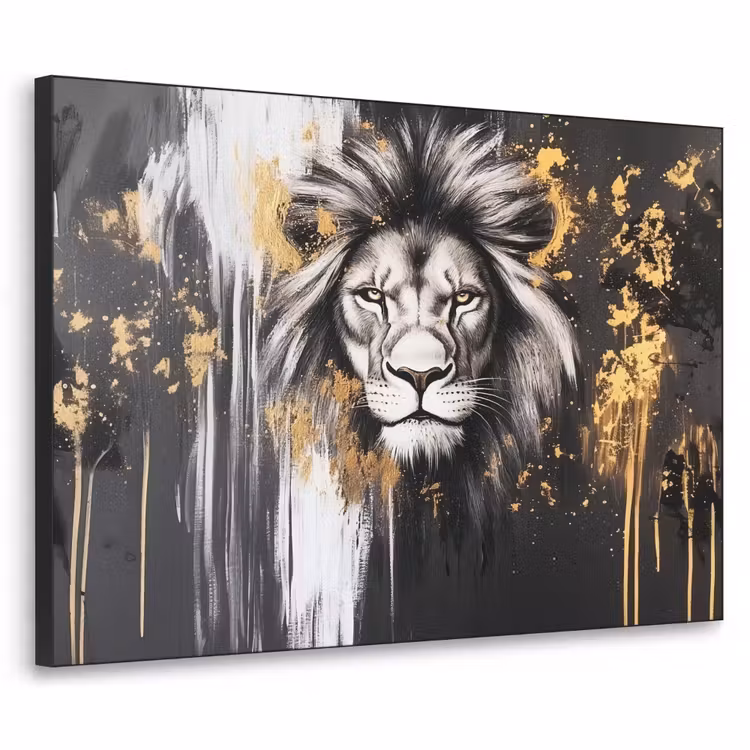 Leeuw - Portret - Verfspatten - Grijs Textielframe - compleet frame klein -3d