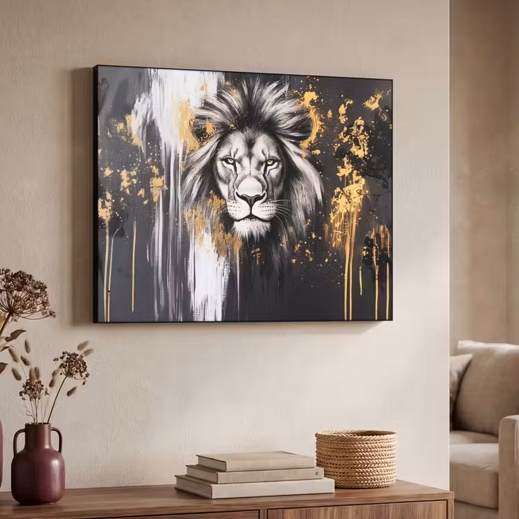 Leeuw - Portret - Verfspatten - Grijs Textielframe - compleet frame klein -sfeer3