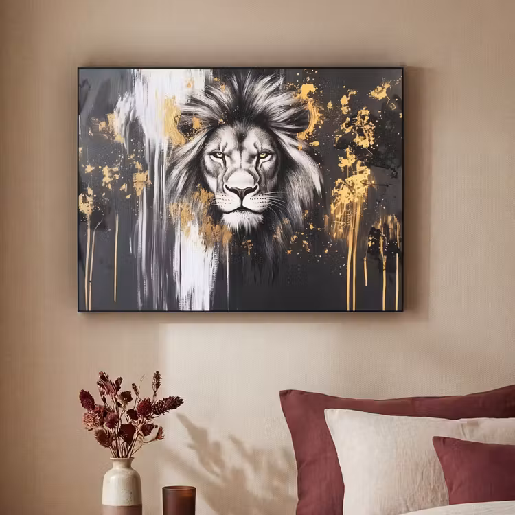 Leeuw - Portret - Verfspatten - Grijs Textielframe zwart klein -sfeer1