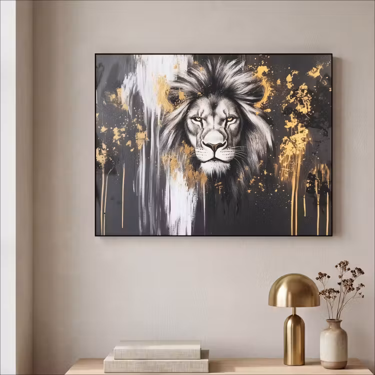 Leeuw - Portret - Verfspatten - Grijs Textielframe zwart klein -sfeer2