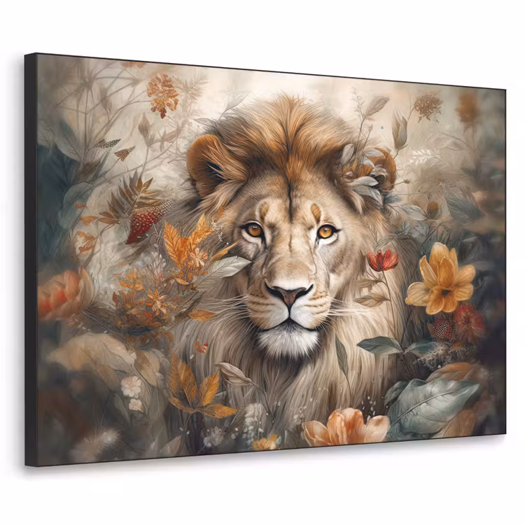 Leeuw - Wilde dieren - Planten - Natuur - Bloemen Textielframe zwart klein -3d