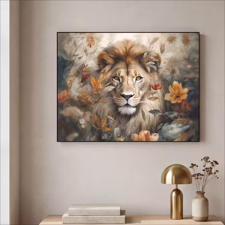 Leeuw - Wilde dieren - Planten - Natuur - Bloemen Textielframe zwart klein -sfeer2