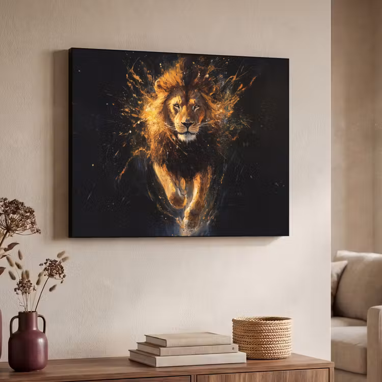 Leeuw - Zwart - Oranje - Verf Textielframe zwart klein -sfeer3
