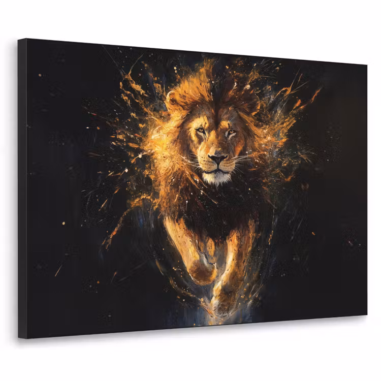 Leeuw - Zwart - Oranje - Verf Textielframe zwart klein -3d