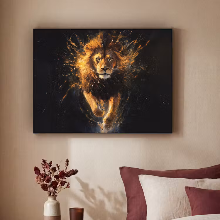 Leeuw - Zwart - Oranje - Verf Textielframe zwart klein -sfeer1