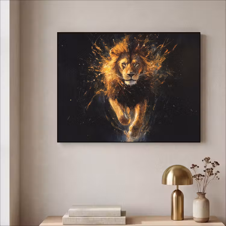 Leeuw - Zwart - Oranje - Verf Textielframe zwart klein -sfeer2