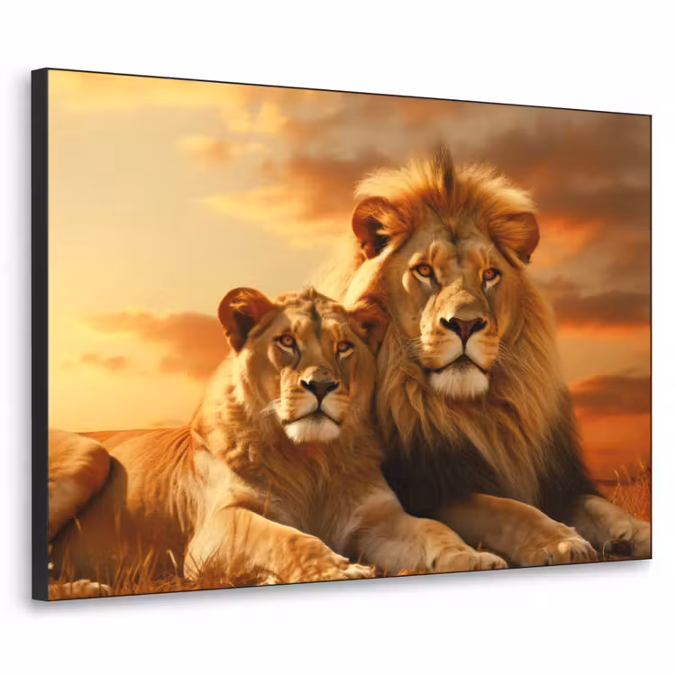 Leeuwen - Zonsondergang - Afrika - Savanne - Dieren Textielframe zwart klein -3d