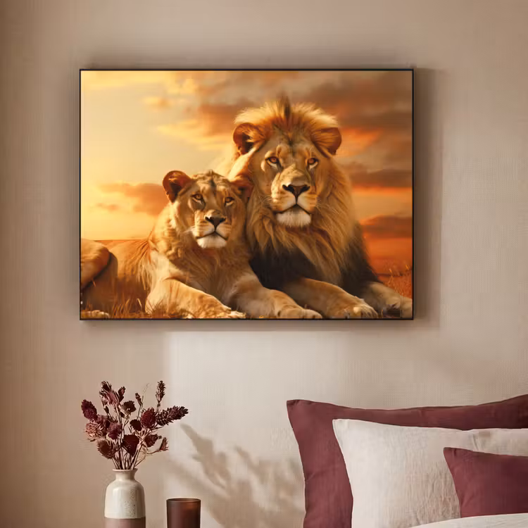 Leeuwen - Zonsondergang - Afrika - Savanne - Dieren Textielframe zwart klein -sfeer1
