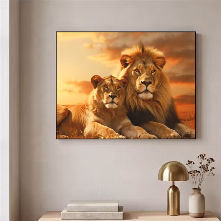 Leeuwen - Zonsondergang - Afrika - Savanne - Dieren Textielframe zwart klein -sfeer2