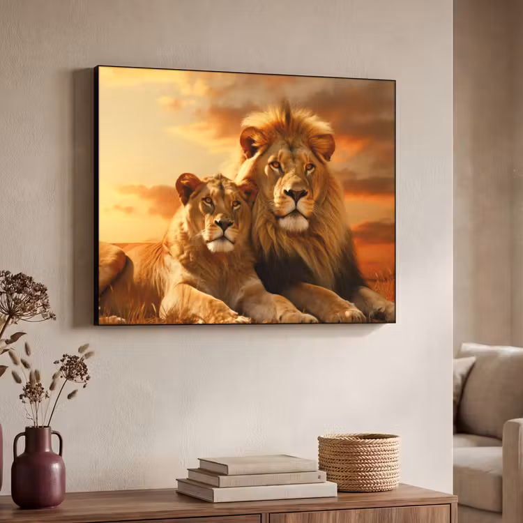 Leeuwen - Zonsondergang - Afrika - Savanne - Dieren Textielframe zwart klein -sfeer3