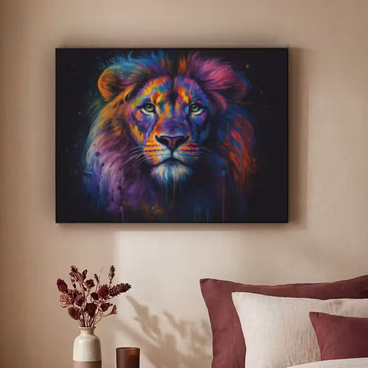 Leeuwenkop - Felgekleurd - Abstract Textielframe - compleet frame klein -sfeer1