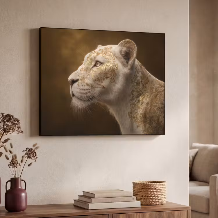 Leeuwin - Bloemen - Wit - Goud Textielframe - compleet frame klein -sfeer3