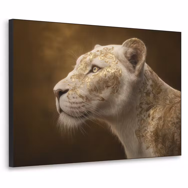 Leeuwin - Bloemen - Wit - Goud Textielframe zwart klein -3d