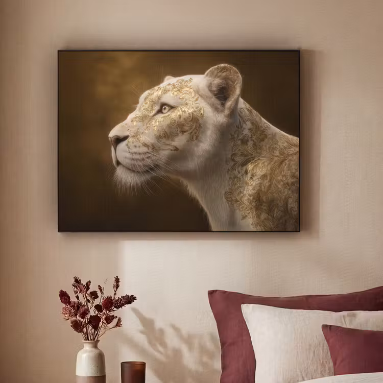 Leeuwin - Bloemen - Wit - Goud Textielframe - compleet frame klein -sfeer1