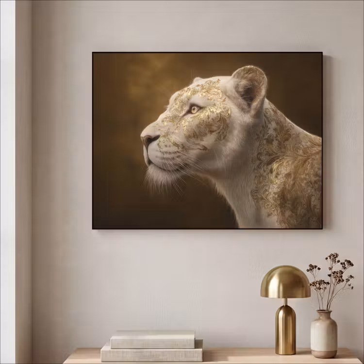 Leeuwin - Bloemen - Wit - Goud Textielframe - compleet frame klein -sfeer2