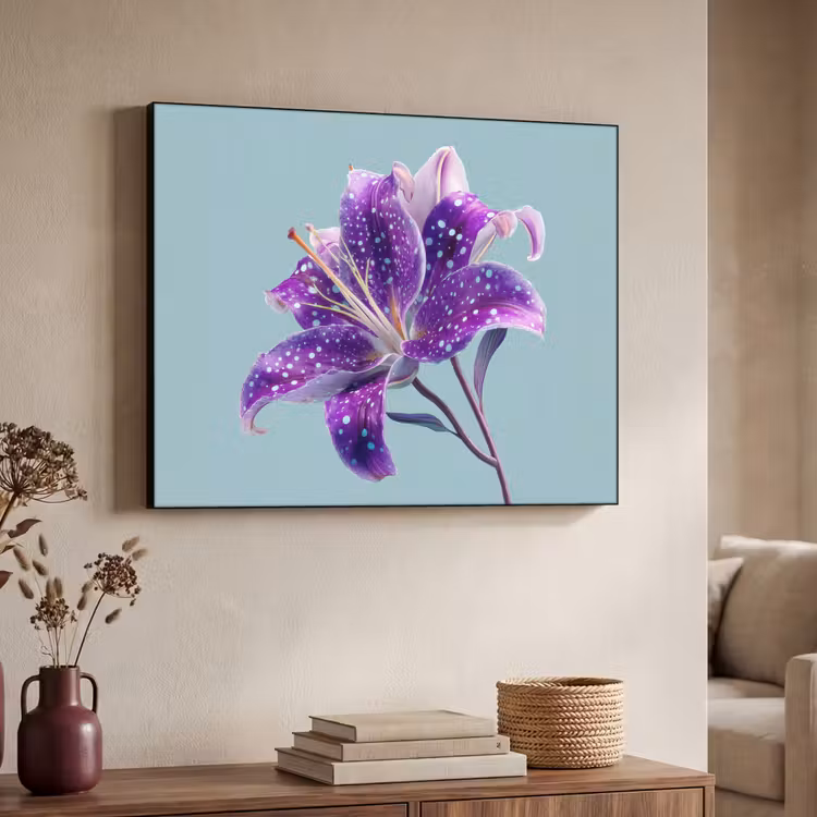 Lelie - Bloem - Paars - Stippen Textielframe zwart klein -sfeer3