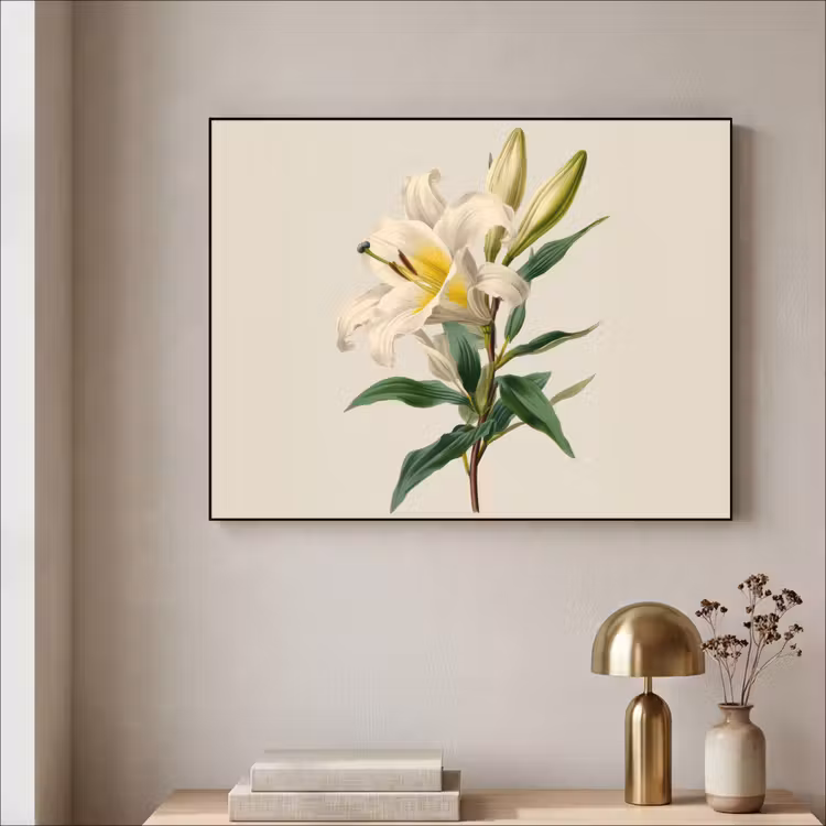 Lelie - Elegant - Botanisch - Beige Textielframe - compleet frame klein -sfeer2