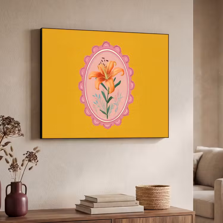 Lelie - Oranje - Lijst - Ovaal Textielframe zwart klein -sfeer3