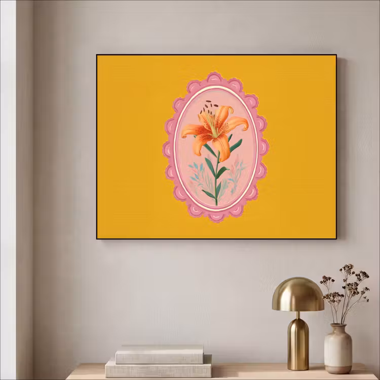 Lelie - Oranje - Lijst - Ovaal Textielframe zwart klein -sfeer2