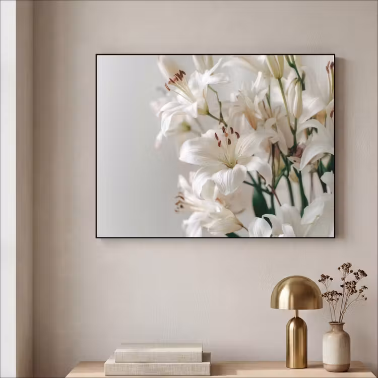 Lelies - Boekte - Wit - Meeldraden Textielframe zwart klein -sfeer2
