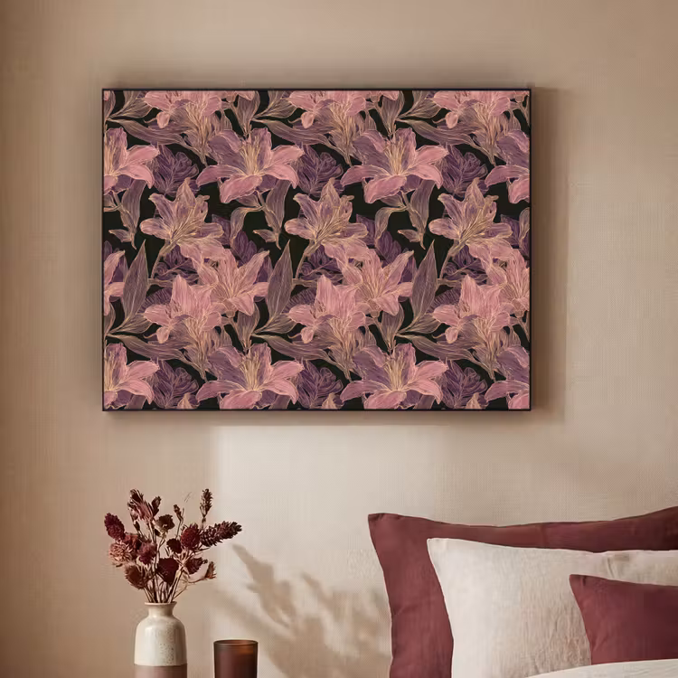Lelies - Patroon - Paars - Goud Textielframe zwart klein 947 -sfeer1
